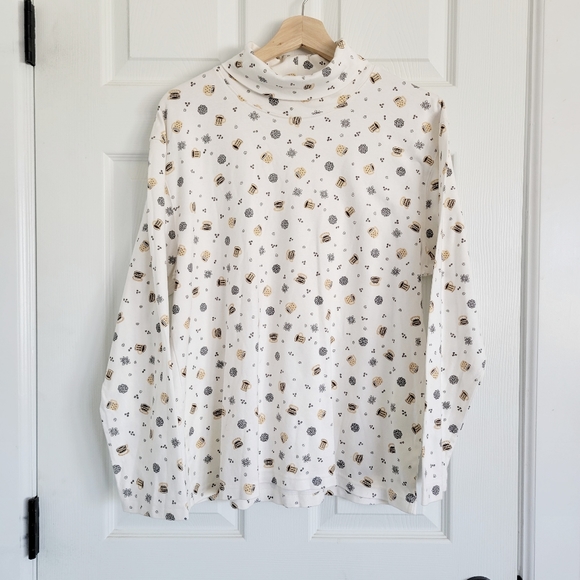 Vintage Talbots Coffee Print Turtleneck Long Sleeve Top - Picture 1 of 5